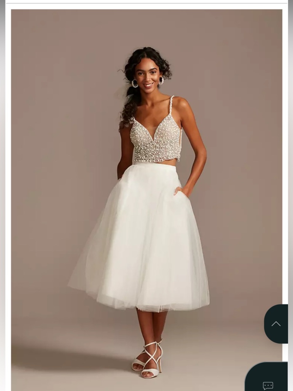 DABID’s Bridal Beaded Crop Top Tulle Midi Skirt Two-Piece Dress in White